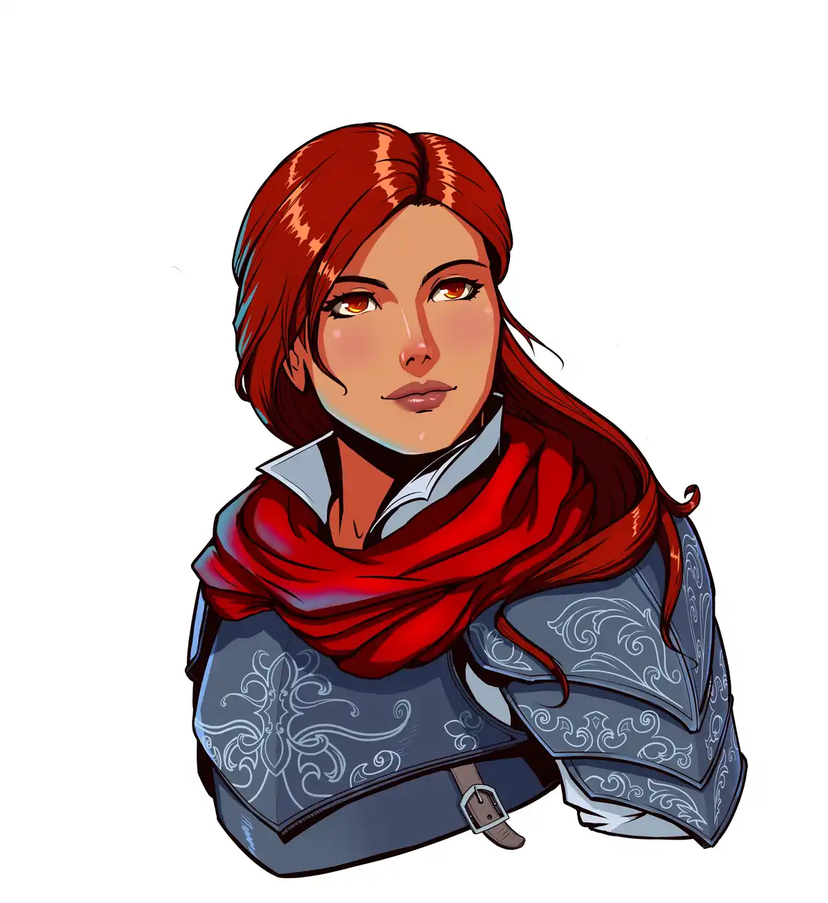 A digital illustration of a woman with red hair and orange eyes, wearing ornate blue armor with white scrollwork and a red…