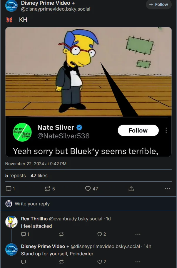 A screenshot of a Twitter/X post by Nate Silver showing a still of the Simpsons character Milhouse Van Houten looking…