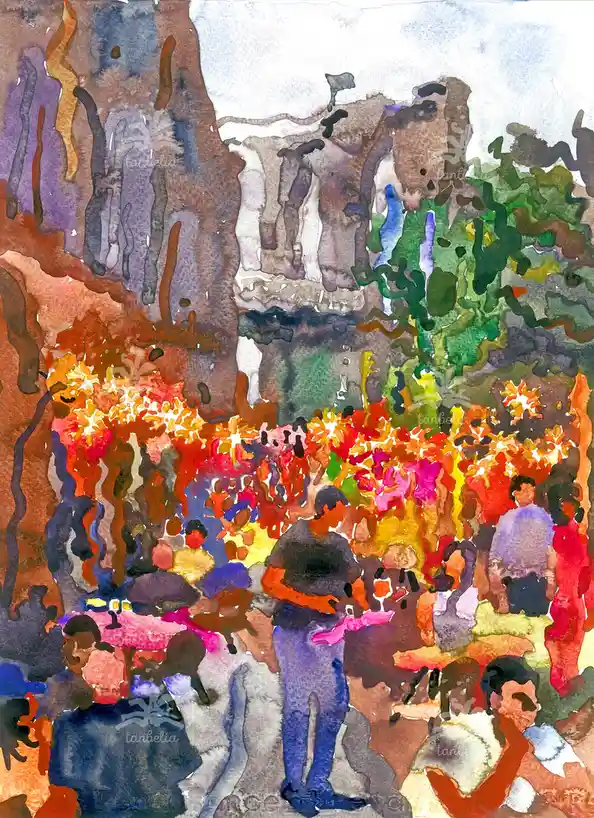 A colorful watercolor painting depicts a crowded outdoor scene with abstract, stylized figures and foliage. A central figure…