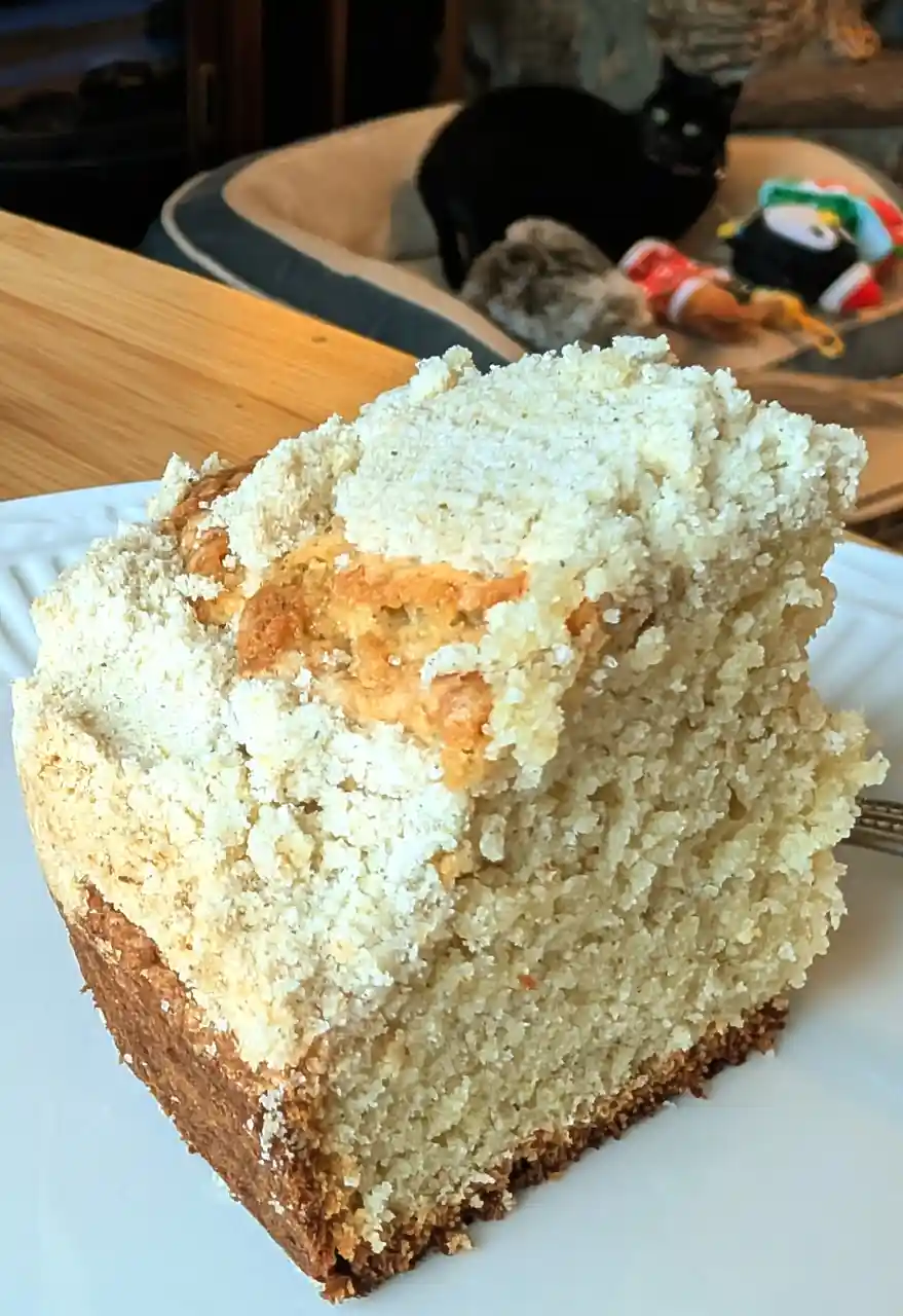A close-up shot shows a slice of crumbly, light-colored cake with a sugary topping on a white plate. In the blurred…