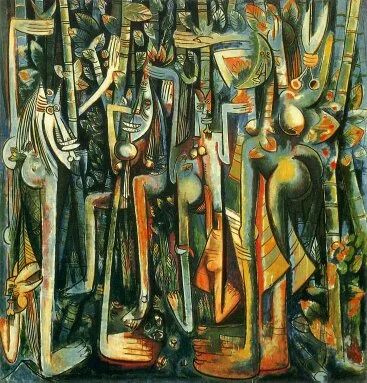 this image displays a colorful abstract painting with stylized, fragmented human figures in various poses, rendered in a…