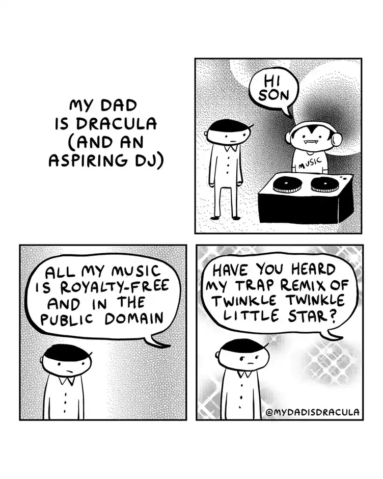 A four-panel comic strip titled 'MY DAD IS DRACULA (AND AN ASPIRING DJ)' shows a son meeting his father, who is a vampire…
