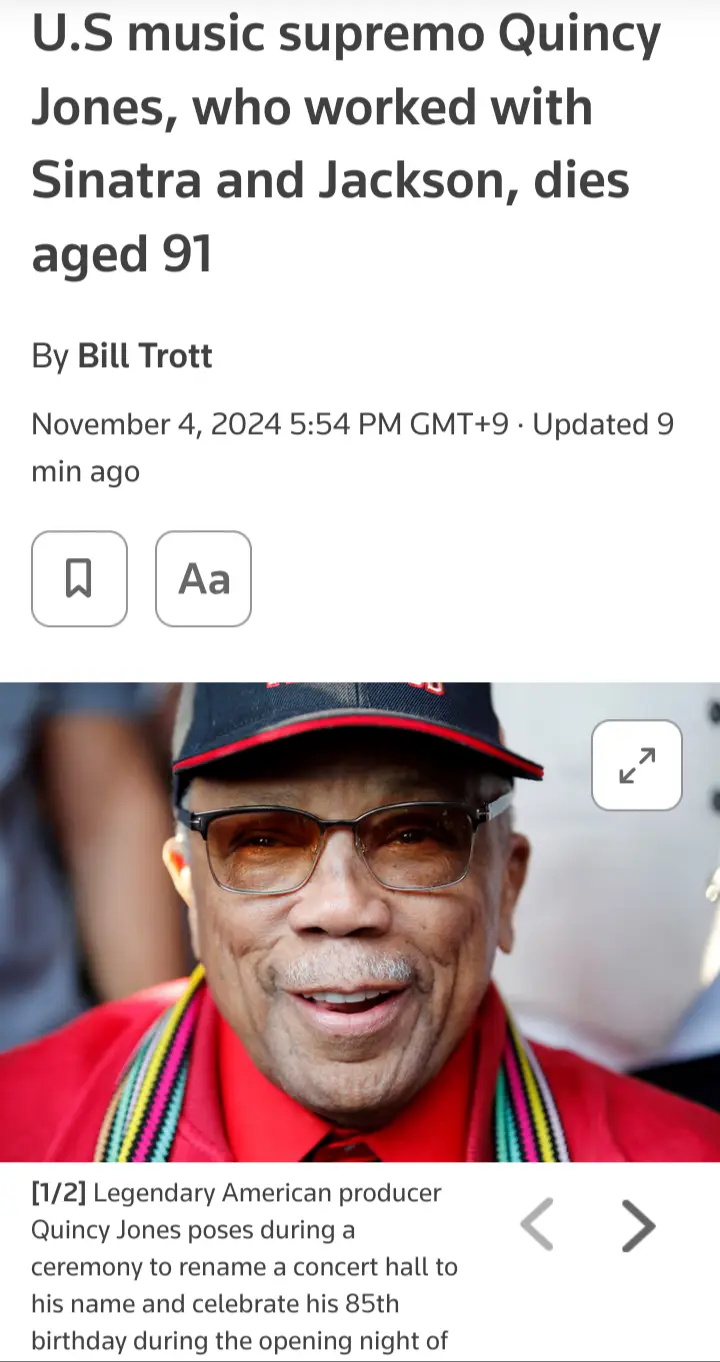 A screenshot of a news article headline announcing the death of Quincy Jones at age 91, overlaid on a photo of him smiling…