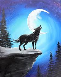 A black wolf stands on a snowy cliff edge, howling upward toward a large crescent moon set against a deep blue, starry night…