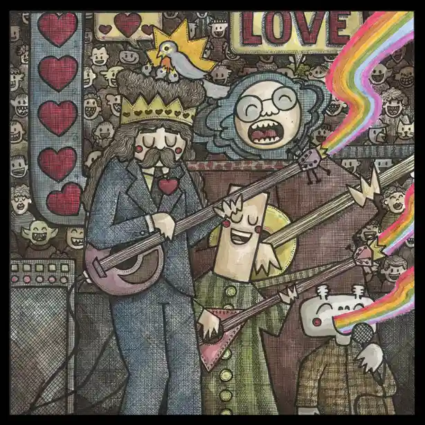 A colorful, cartoonish illustration depicts a band performing with psychedelic elements: a crowned man with a mustache plays…