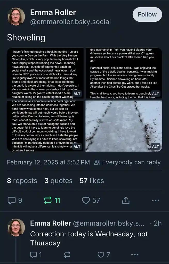 A social media post by Emma Roller titled 'Shoveling' features a long text reflection on the emotional and philosophical…
