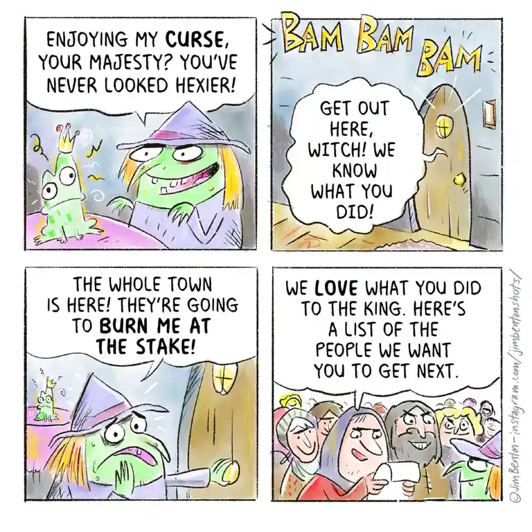 A four-panel comic shows a witch proudly showing off her curse on a frog king, only to be mobbed by villagers who cheer her…