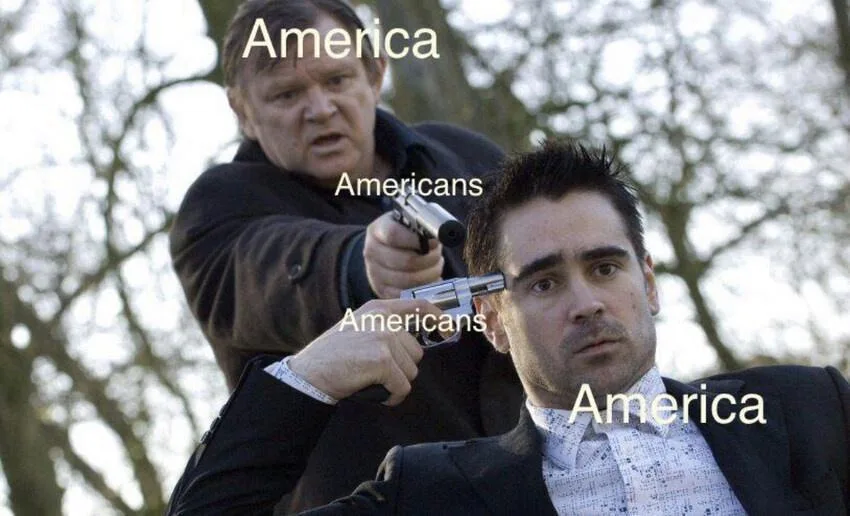 A man labeled 'America' holds a gun to the head of another man labeled 'America', with the word 'Americans' written on the…