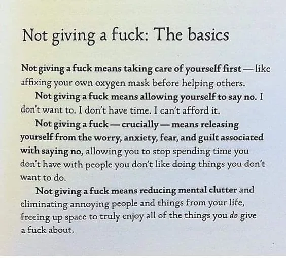 A text-based image with black serif font on a light beige background, presenting a list titled 'Not giving a fuck: The…