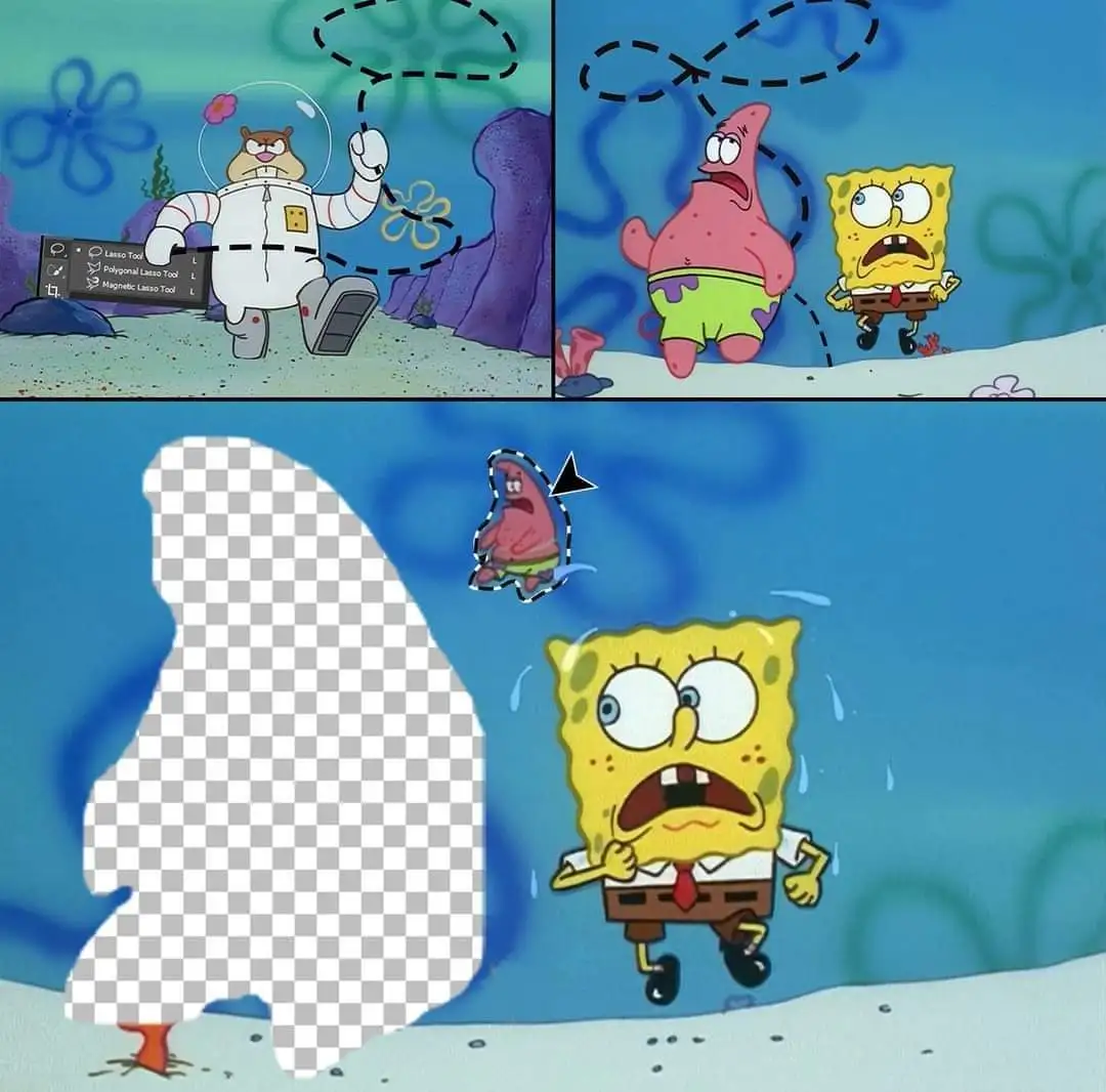 A three-panel SpongeBob meme showing a character using a Photoshop lasso tool to select Patrick Star, who then gets deleted…