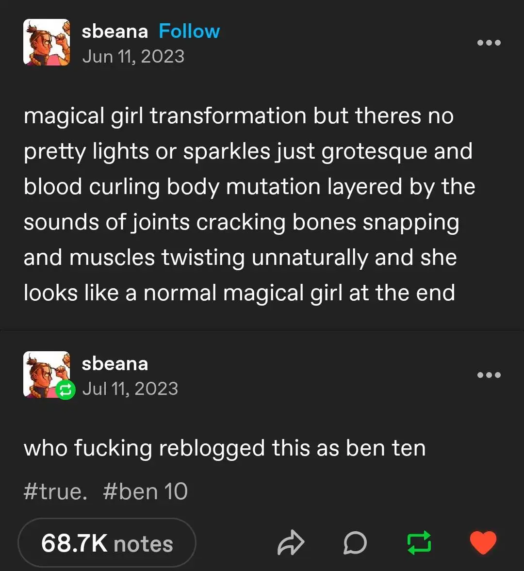 A Tumblr post by user sbeana describes a magical girl transformation as grotesque and violent, involving body mutations and…