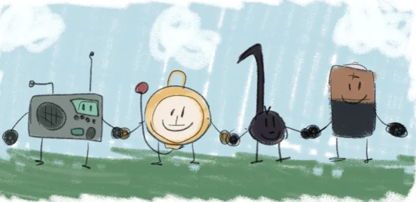 A hand-drawn cartoon depicts four anthropomorphic objects — a radio, a stopwatch, a hook, and a battery — holding hands in a…