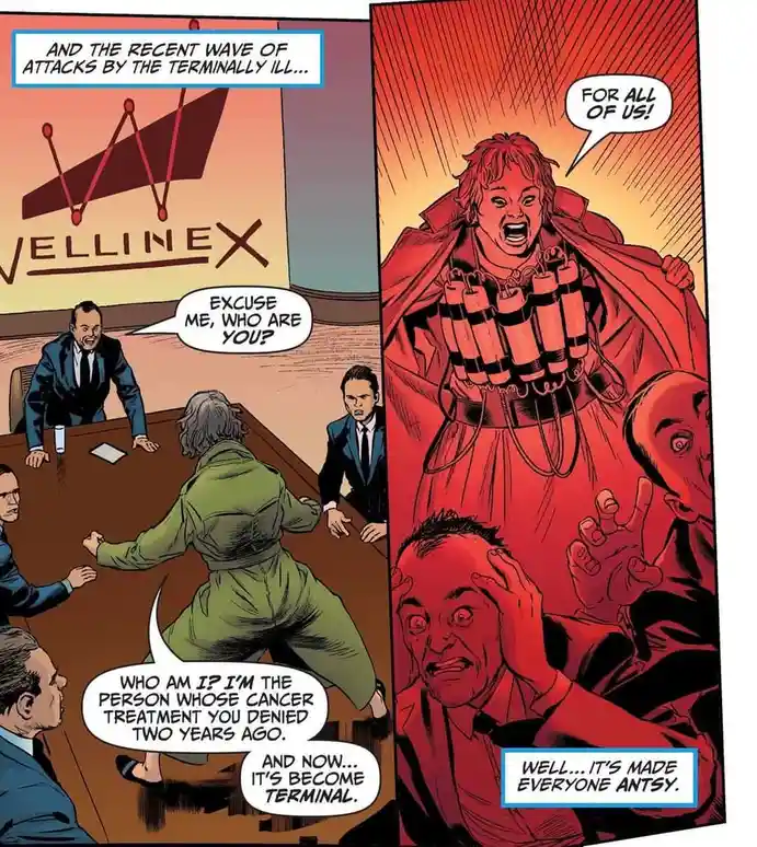 A comic panel shows a woman in a green jumpsuit confronting corporate executives at a 'WELLINEX' board meeting, accusing…