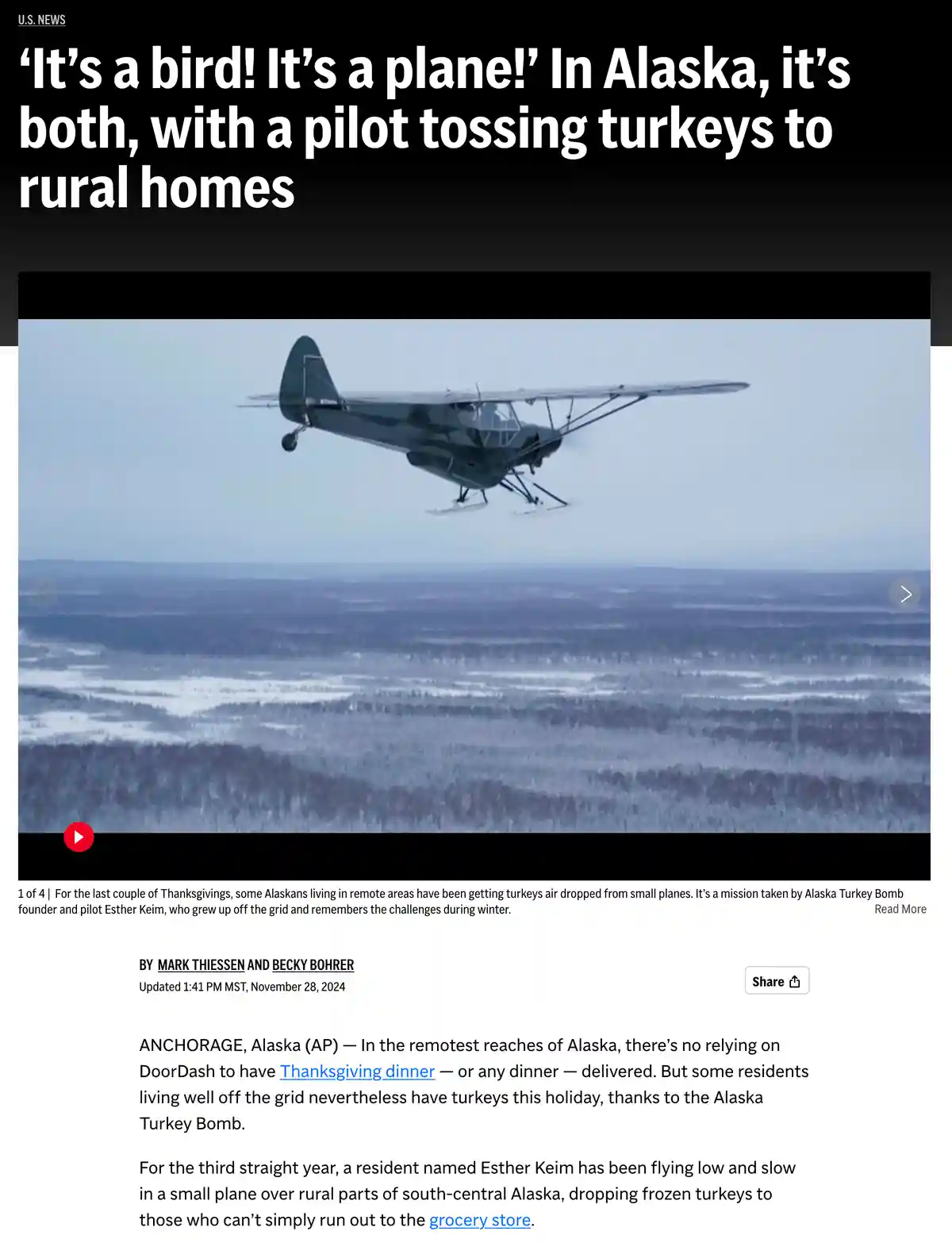 A small, dark green plane with skis flies low over a snowy, forested Alaskan landscape. The overlaid text reads: 'It's a…