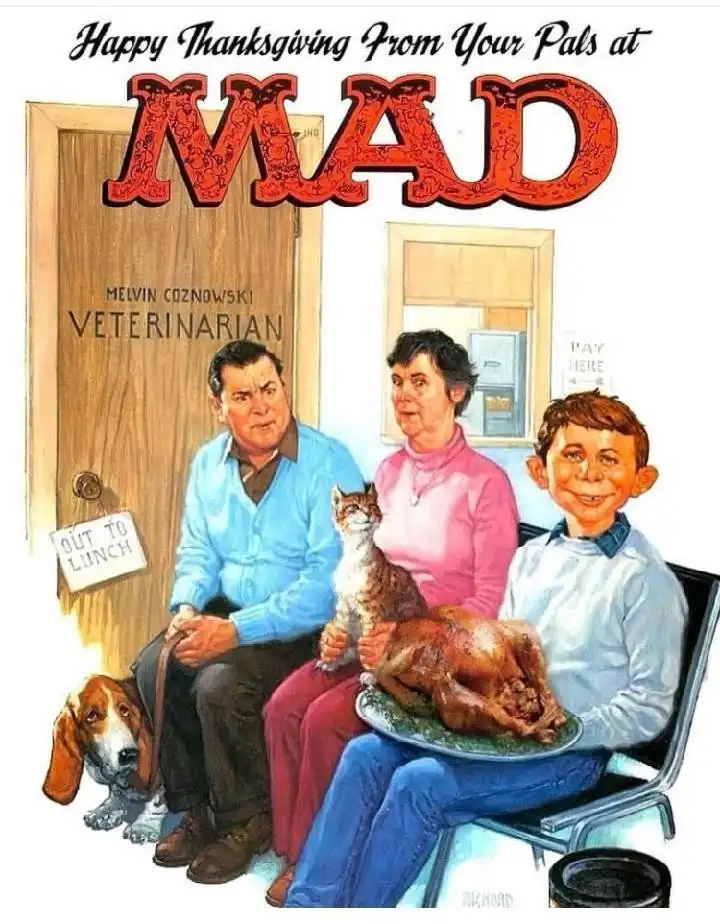 A vintage MAD magazine cover illustration shows a family of three—man, woman, and boy—sitting in a veterinary clinic waiting…