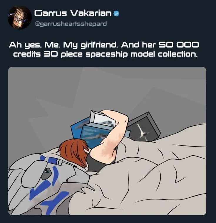 An illustration shows a character in a grey and blue armored suit, lying in bed under a blanket, with their head buried…