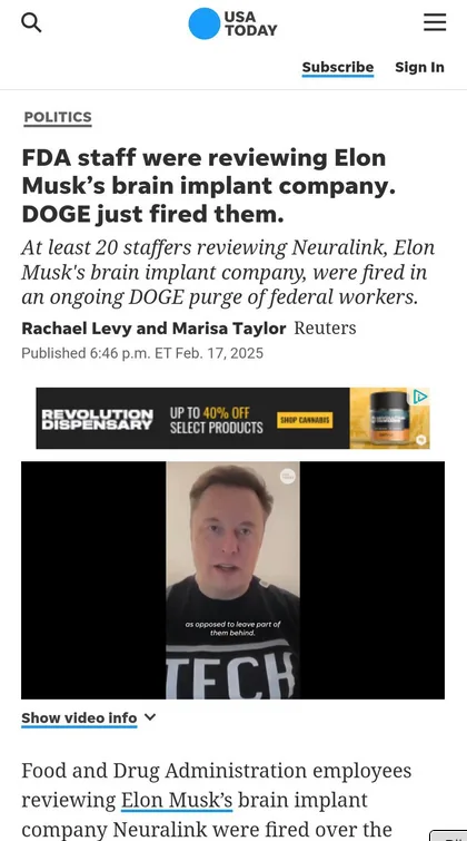 A screenshot of a USA TODAY news article about FDA staff being fired from reviewing Elon Musk's Neuralink brain implant…