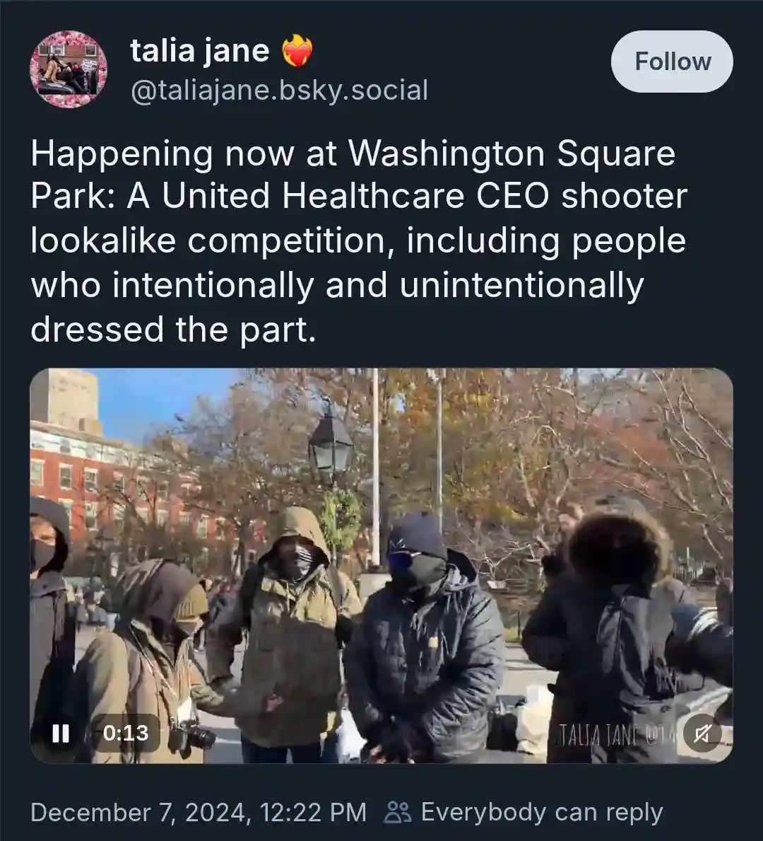 A screenshot of a social media post showing a group of people in a park, many wearing hoodies, masks, and dark clothing…