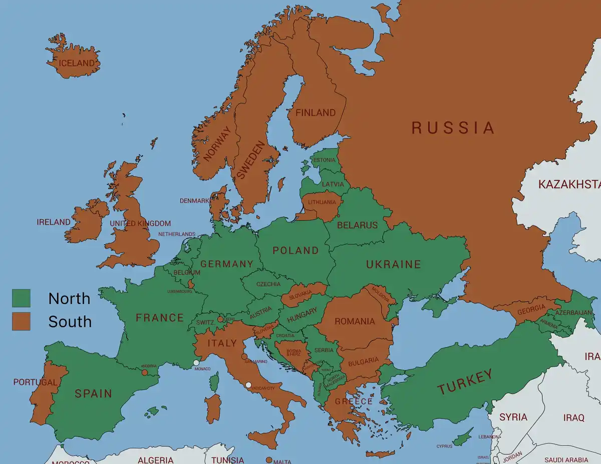 A map of Europe color-coded with green for 'North' and brown for 'South', showing countries like Germany, France, and…