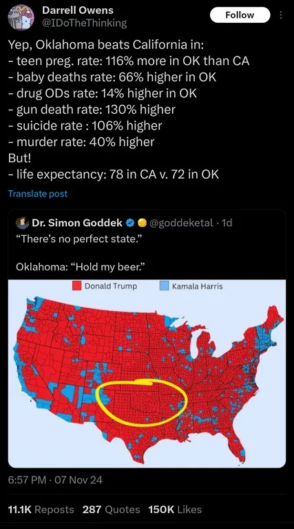 A screenshot of a social media post showing a map of the United States where Oklahoma is highlighted in yellow. The post…