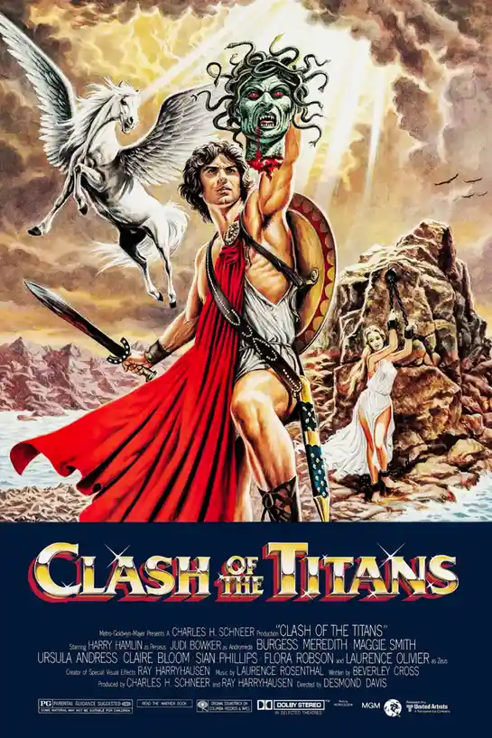 This is a movie poster for 'Clash of the Titans' featuring a muscular hero holding up the severed head of Medusa, with a…