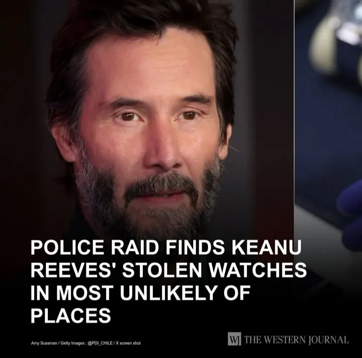 The image shows a close-up of actor Keanu Reeves looking directly at the camera with a neutral expression. To the right, a…