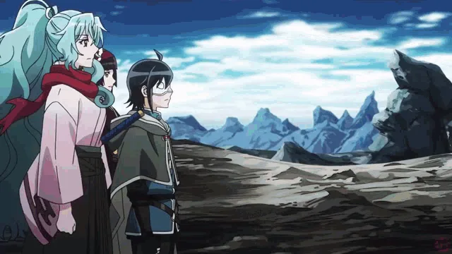 A six-panel anime sequence shows a character with teal hair and a red scarf standing with a companion, then running to draw…