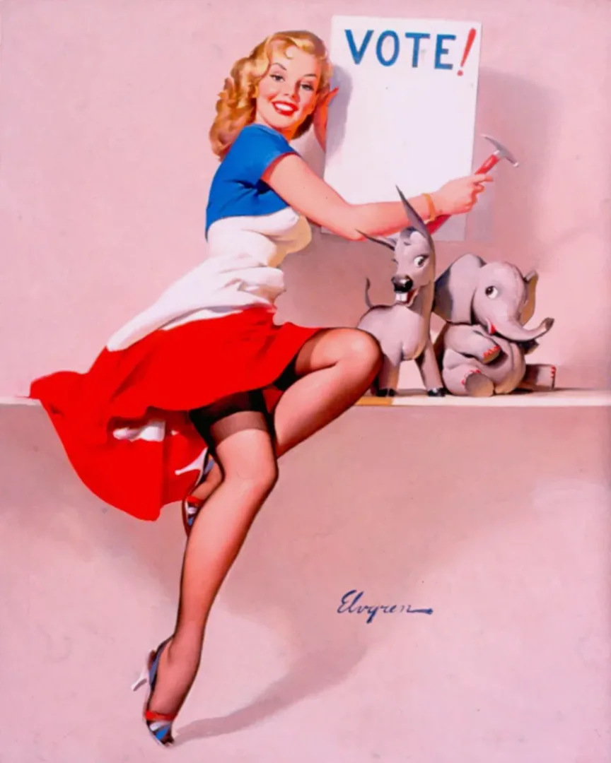 A vintage pin-up style illustration shows a smiling blonde woman in a blue top, white apron, and red skirt, holding a hammer…