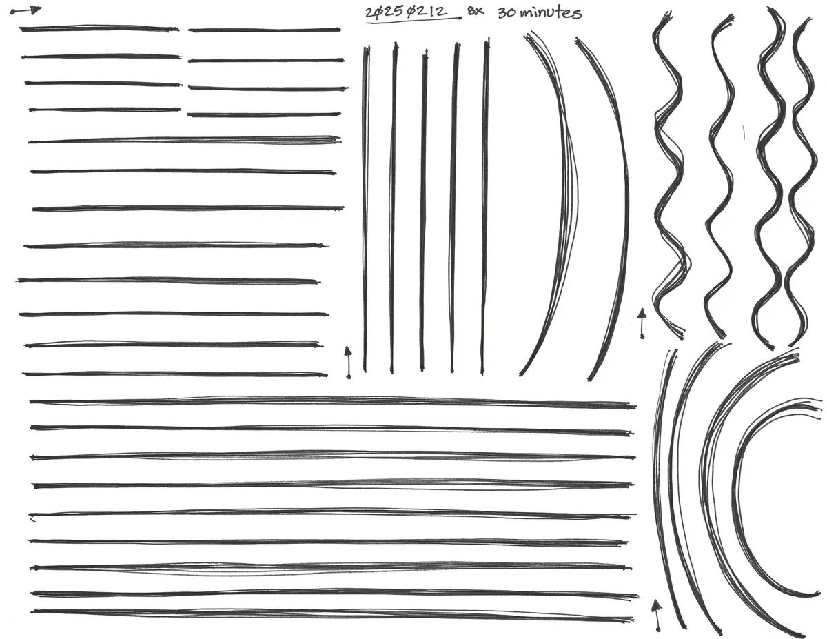A hand-drawn sketch shows various types of lines, including straight, curved, and wavy strokes, arranged in columns. At the…