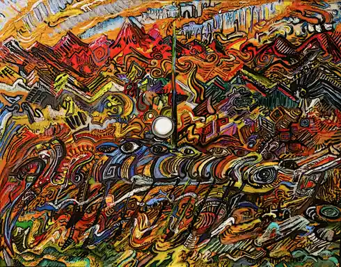 A highly stylized, colorful, and chaotic abstract painting featuring swirling patterns, distorted faces with multiple eyes…