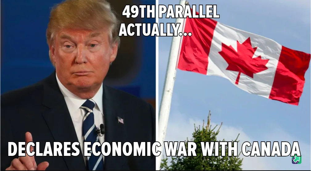 The image is split: left side shows Donald Trump in a suit looking serious, right side shows a Canadian flag waving against…