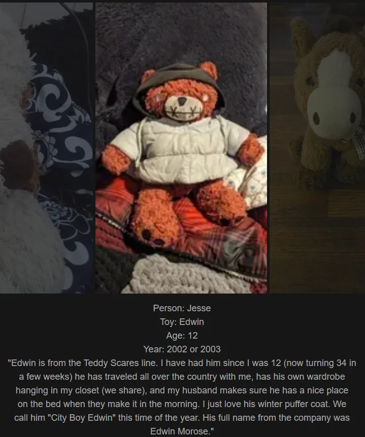 A collage of three images featuring stuffed animals, centered on a teddy bear wearing a winter puffer coat and a hat…