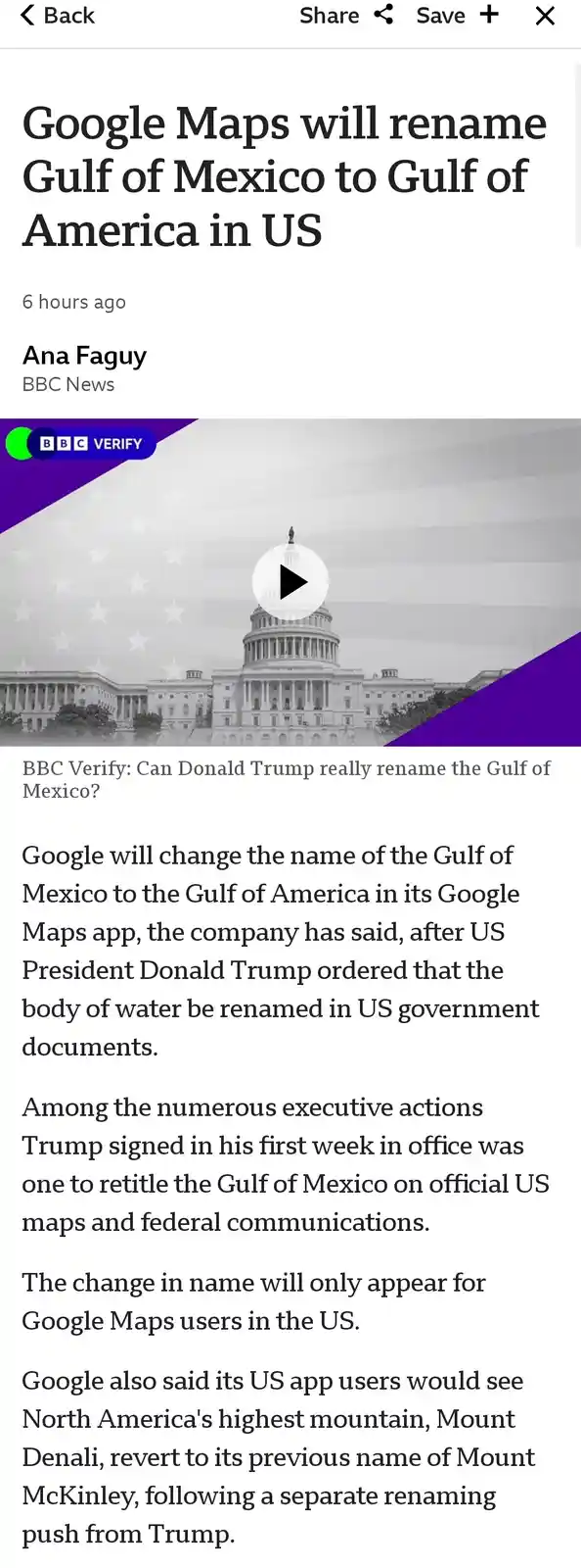 A BBC News article screenshot with a headline stating Google Maps will rename the Gulf of Mexico to Gulf of America in the…