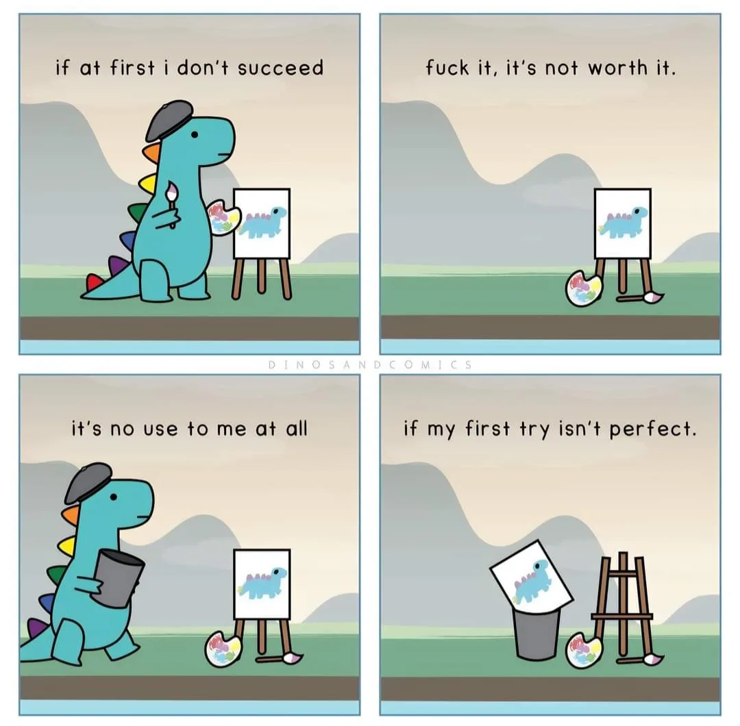 A four-panel comic strip featuring a cartoon blue dinosaur artist with a beret, palette, and paintbrush. In the first panel…