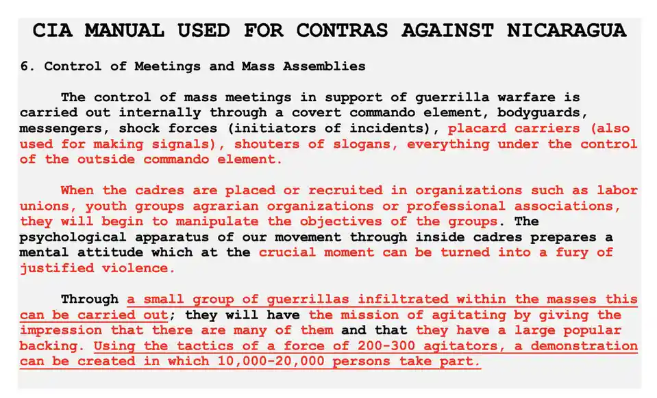 The image displays a document titled 'CIA MANUAL USED FOR CONTRAS AGAINST NICARAGUA' with section 6, 'Control of Meetings…