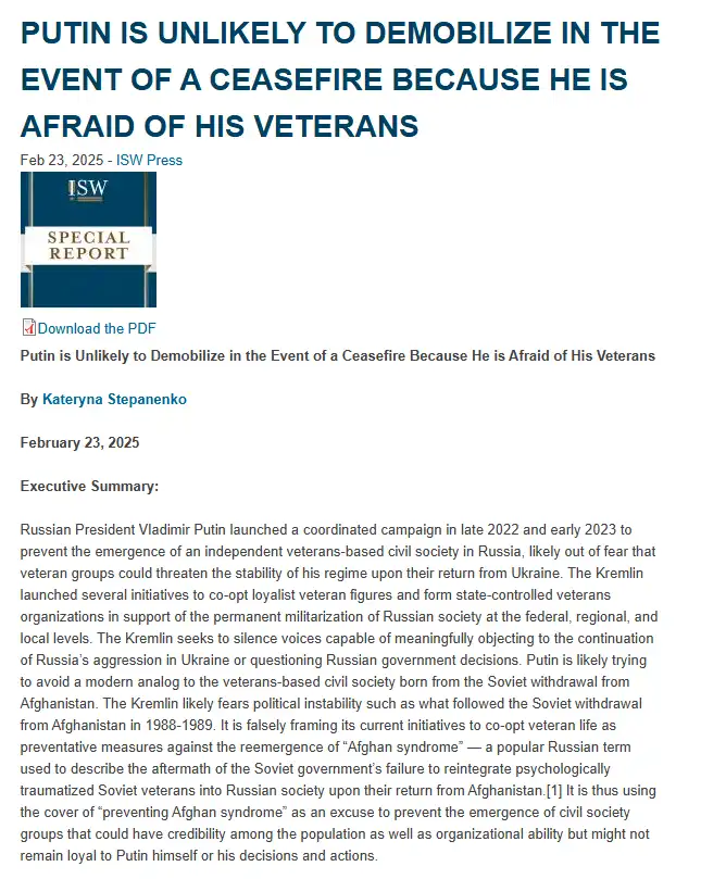 A screenshot of an ISW Press special report dated February 23, 2025, titled 'Putin is Unlikely to Demobilize in the Event of…