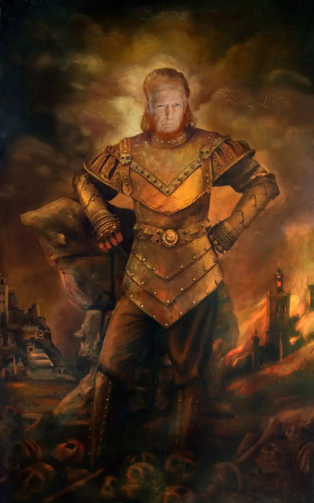 A digitally altered image portrays a man resembling Donald Trump standing in ornate, medieval-style armor with a stern…