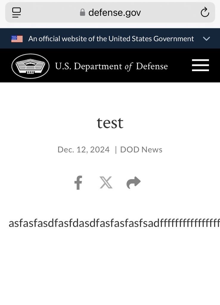 A screenshot of the U.S. Department of Defense website (defense.gov) shows a news article titled 'test' dated Dec. 12, 2024…