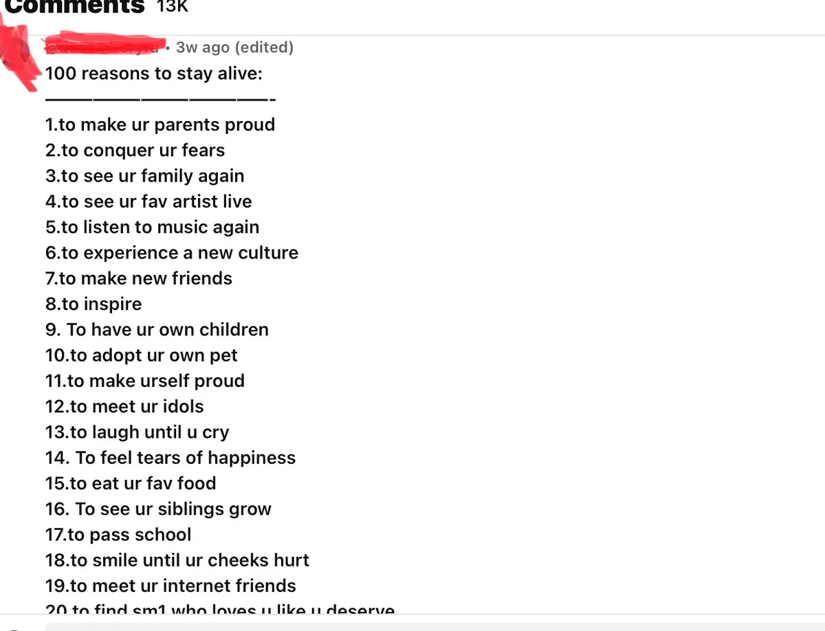A screenshot of a Reddit comment listing '100 reasons to stay alive' with a numbered list of positive life goals, such as…