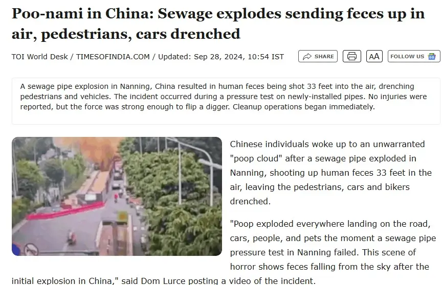 A screenshot of a news article from Times of India shows a street scene with a sewage pipe explosion. The image depicts a…