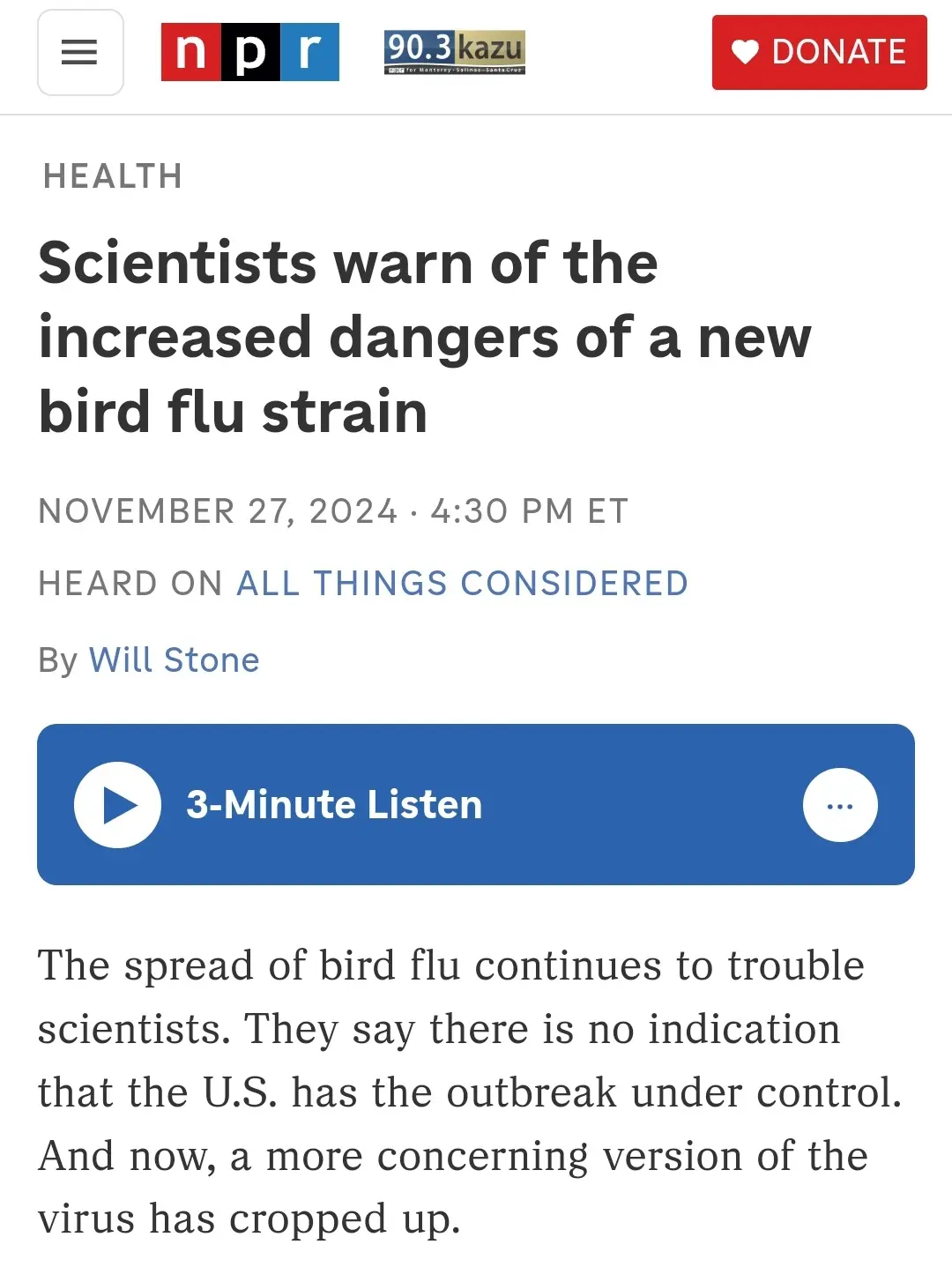 A screenshot of an NPR news article from November 27, 2024, with the headline 'Scientists warn of the increased dangers of a…
