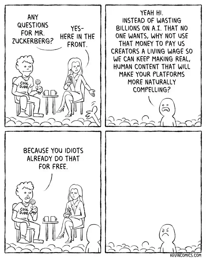 A four-panel comic strip shows a Q&A session with a man labeled 'Mr. Zuckerberg' and a moderator. A crowd member asks why…
