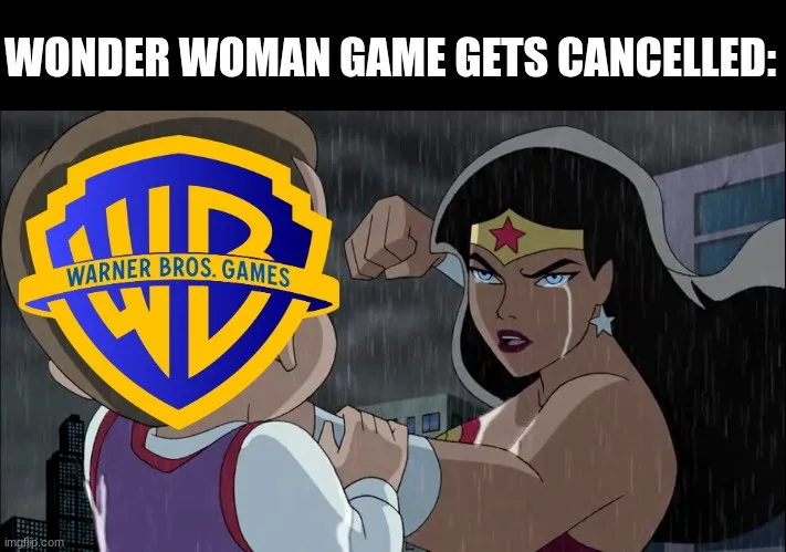 A scene from an animated show shows Wonder Woman angrily grabbing a man by the collar. The man's head is replaced with the…