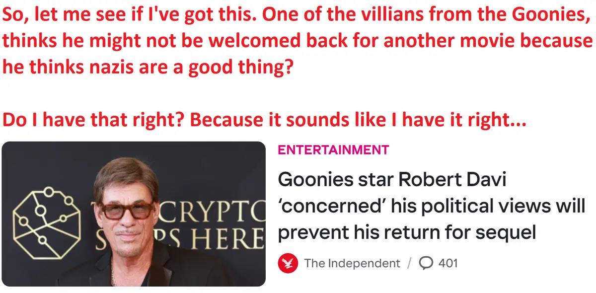 The image shows a screenshot of a news article from The Independent with a photo of actor Robert Davi. The article headline…