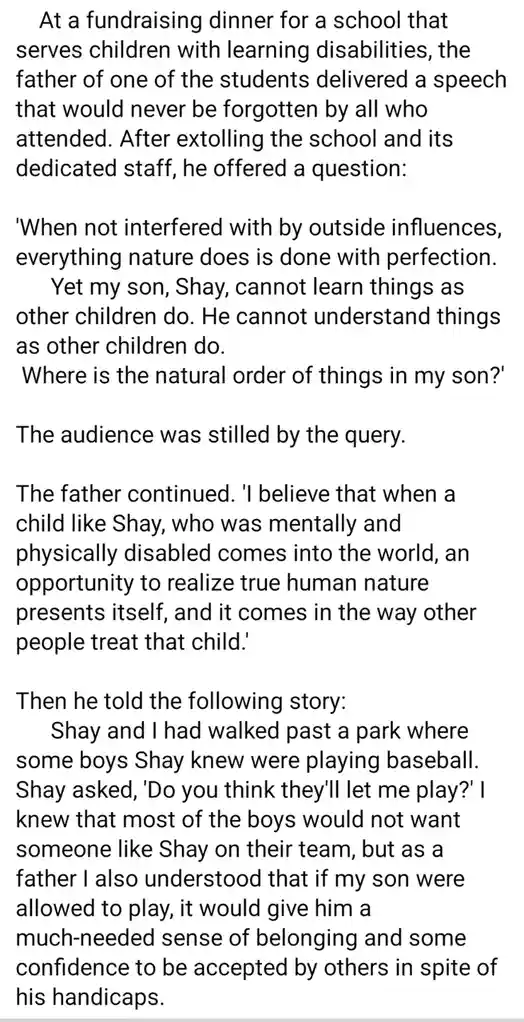 The image displays a block of black text on a white background, recounting a speech given by a father at a fundraising…