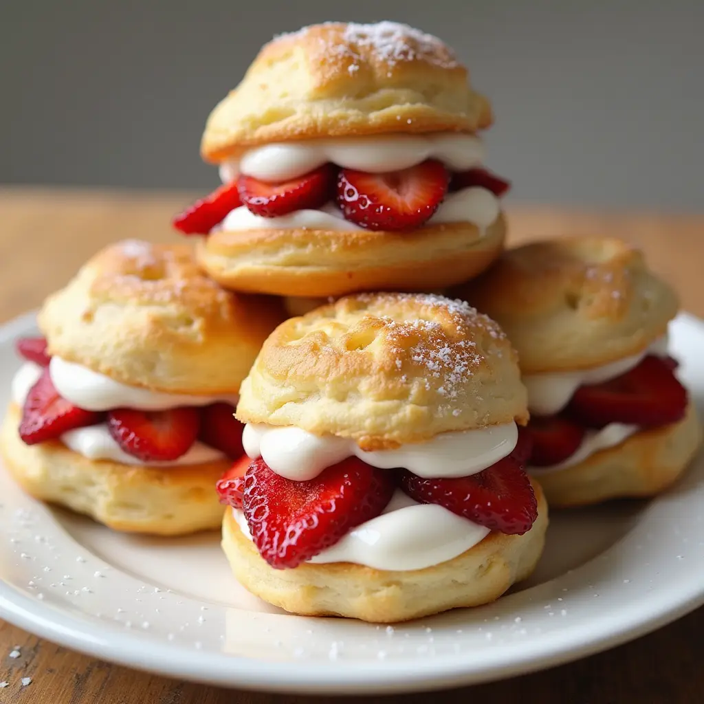 A close-up photo shows a pyramid of golden-brown, powdered sugar-dusted strawberry shortcakes on a white plate. Each pastry…