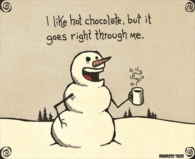 A hand-drawn snowman with a carrot nose and stick arms sits in a snowy landscape holding a steaming mug of hot chocolate…