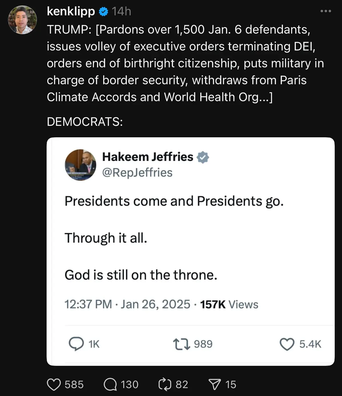 A screenshot of a social media post by 'kenklipp' listing numerous executive actions attributed to Trump, followed by a…