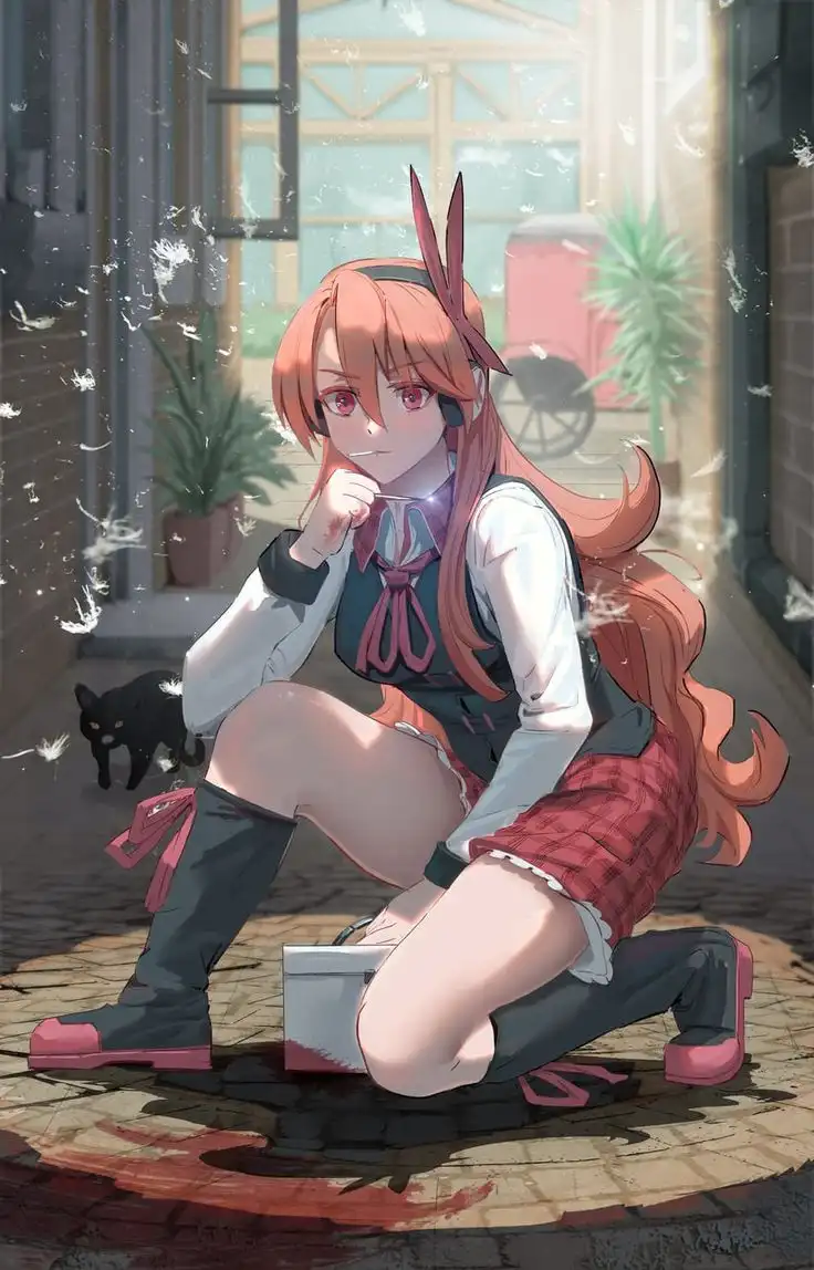 An anime girl with orange hair and bunny ears kneels on a cobblestone street, holding a small object to her lips while…