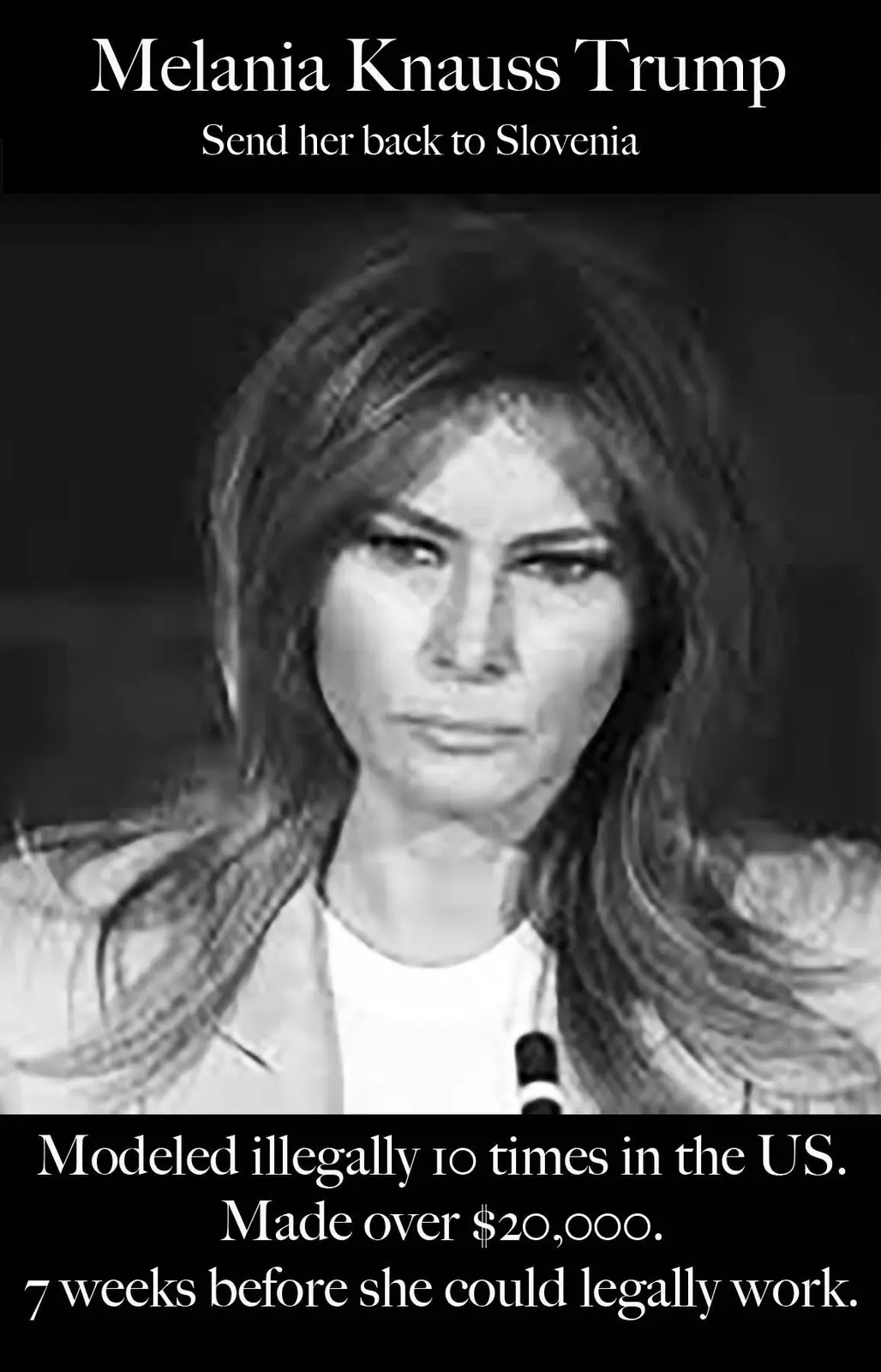 A black-and-white photo of Melania Trump with a stern expression, overlaid with text claiming she modeled illegally in the…